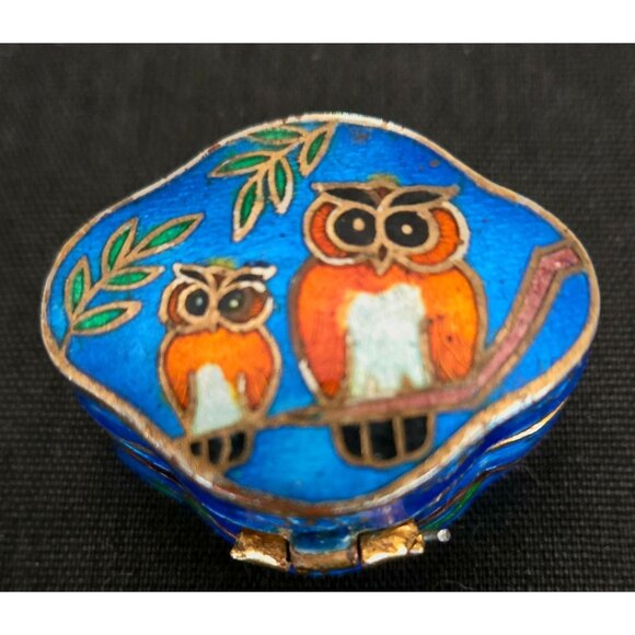 Vintage Cloisonné Enamel Trinket Box With Owl Design Blue & Gold Hinged Lid & He - Picture 1 of 9